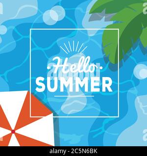 Hello summer illustration with pool scene - sparkling water, palm leaves, umbrella. Vector illustration in flat style Stock Vector