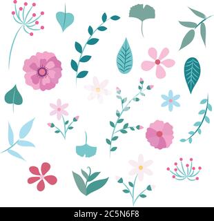 Spring flowers and leaves - different types of flowers and leaves, vector illustration design template Stock Vector
