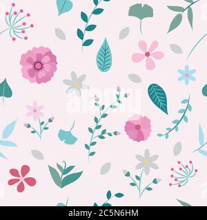 Spring flowers and leaves seamless pattern - different types of flowers and leaves, vector illustration design template Stock Vector