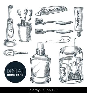 Teeth and mouth home care supplies set. Hand drawn sketch vector illustration. Dental hygiene and prevention of caries and periodontal disease. Oral t Stock Vector