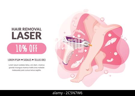 Laser hair removal, female body care procedures. Vector flat cartoon illustration. Women legs and laser epilation medical equipment on pink background Stock Vector