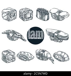 Fresh sushi set, isolated on white background. Rolls with salmon, shrimp, tuna, avocado and rice. Sketch vector illustration. Japanese traditional res Stock Vector