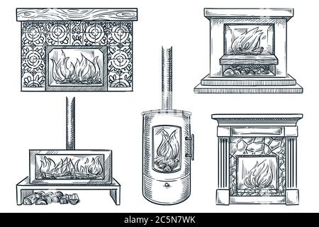 Fireplaces set, isolated on white background. Hand drawn vector sketch illustration. House interior vintage design elements. Old and contemporary home Stock Vector