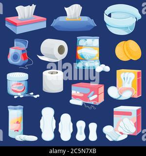 Personal hygiene supplies set. Vector flat cartoon illustration of hygienic and toiletries supplements. Womens facial beauty cleansing products. Kids Stock Vector