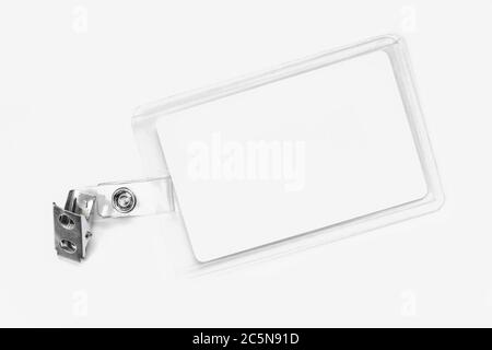 Blank id card on white background. Vip pass accreditation in plastic sleeve Stock Photo