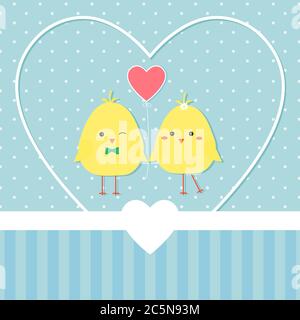 Cute chickens couple with heart balloon. Valentine's day greeting card vector illustration Stock Vector