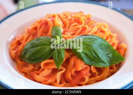 Tagliatelle pasta, tomato sauce and basil, freshly handmade. Traditional Italian recipe, simple fresh pasta with a red sauce made only from tomatoes. Stock Photo