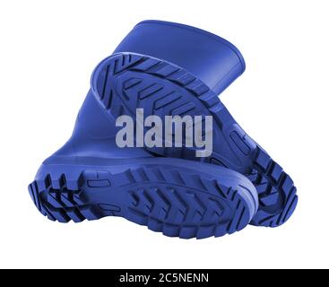 a pair of clean and new blue rubber boots isolated on white background Stock Photo
