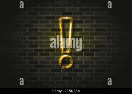 Exclamation point yellow glowing neon sign or glass tube. Realistic vector illustration. Black brick wall, soft shadow. Stock Vector