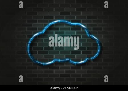 Cloud blue glowing neon sign or glass tube. Realistic vector illustration. Black brick wall, soft shadow. Stock Vector