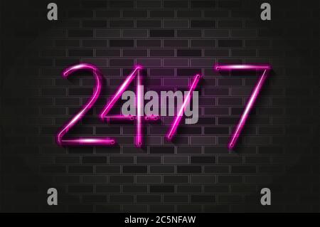 24 hours, 7 days glowing neon sign or glass tube. Realistic vector illustration. Black brick wall, soft shadow. Stock Vector