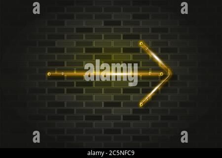 Straight yellow arrow glowing neon sign or glass tube. Realistic vector illustration. Black brick wall, soft shadow. Stock Vector