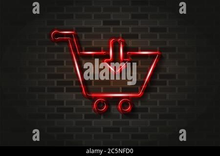 Store, shopping cart with arrow glowing neon sign or glass tube. Realistic vector illustration. Black brick wall, soft shadow. Stock Vector