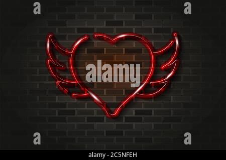 Winged heart red glowing neon sign or glass tube. Realistic vector illustration. Black brick wall, soft shadow. Stock Vector