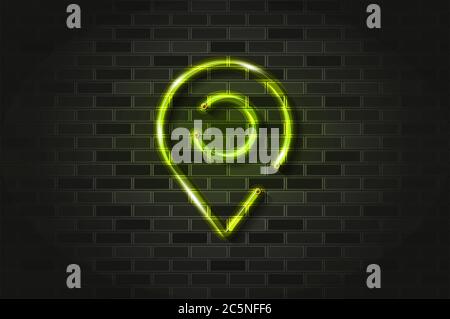 Location, gps map pointer green glowing neon sign or glass tube. Realistic vector illustration. Black brick wall, soft shadow. Stock Vector