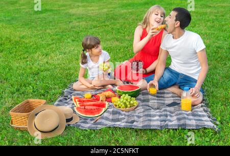 Pregnant woman on a picnic. Selective focus. Food. Stock Photo