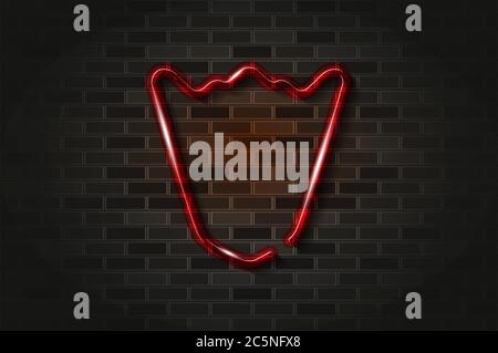 Pentagonal red shield, mountain shaped top glowing neon sign or glass tube. Realistic vector illustration. Black brick wall, soft shadow. Stock Vector