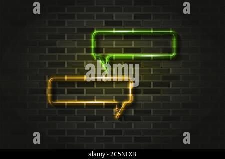 Narrow horizontal square speech or chat bubbles glowing neon sign or glass tube. Realistic vector illustration. Black brick wall, soft shadow. Stock Vector