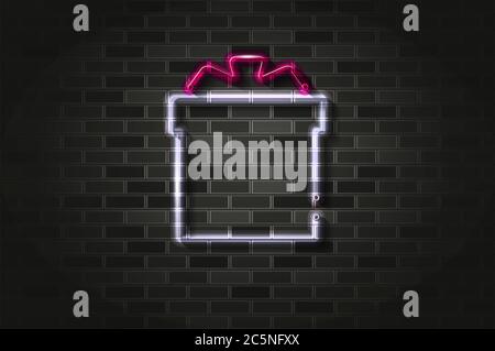 Gift box with a bow glowing neon sign or glass tube. Realistic vector illustration. Black brick wall, soft shadow. Stock Vector