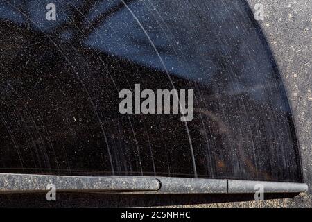 windshield surface with a dirty car wiper, close up of a dirty window cleaner with dirt stains. Stock Photo