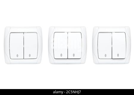 double light switch isolated on a white background, set electric switch with buttons in different positions. Stock Photo