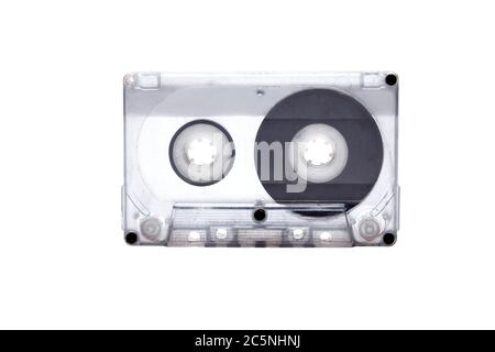 old audio tape cassette plastic transparent case isolated on white background side view. Stock Photo