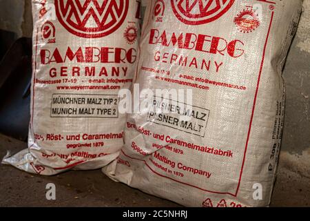 Brewing malt from the Weyermann company in Bamberg found in the communal Zoigl Brewery in Windischeschenbach, Germany Stock Photo