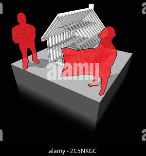 diagram of wooden framework construction of a simple detached house with architect and happy smiling customer standing in front of it Stock Vector