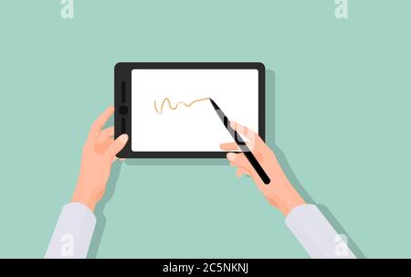 Hands draw in graphics tablet. Modern gadget for drawing and writing stylish black pen. Stock Vector