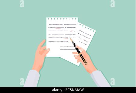Hands with pen correct errors in text. Verification and reference of grammar on pieces paper. Stock Vector