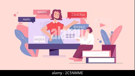 Online language courses illustration. Web training in foreign languages linguistic knowledge electronic book library. Stock Vector