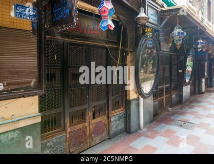 Cairo, Egypt- June 26 2020: Old famous coffeehouse, El Fishawi, located in historic Mamluk era Khan al-Khalili famous bazaar and souq, closed during Covid-19 lockdown for the first time since 1773