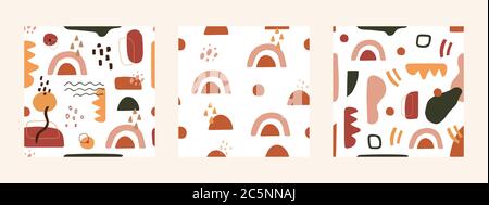Contemporary seamless pattern set. Hand drawn minimal cover design. Abstract geometric texture. Paper cut doodle objects. Social media. Vector Stock Vector