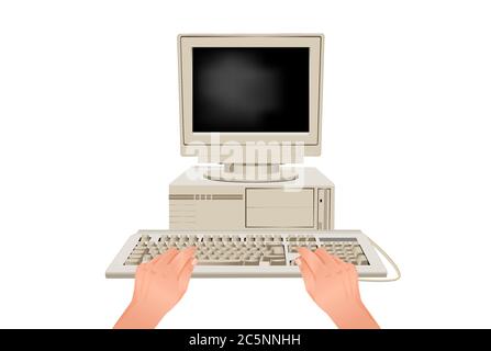 Hands are typing on computer keyboard. Online workplace behind retro pc. Stock Vector