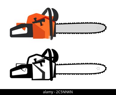 Chainsaw vector icon in orange color and black style. Set of lumber instrument illustrations isolated on white in a horizontal position Stock Vector