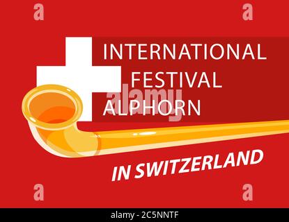 Alphorn international festival in Switzerland, Vector invitation banner template for web site with title and neutral red background. Stock Vector