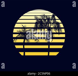 Yellow retro sunset. Two palm trees against background of an abstract setting sun. Stock Vector