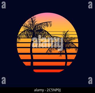 Sunset retro red orange. Abstract two palm trees against fantastic background of an setting sun. Stock Vector