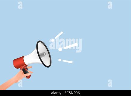 Hand holds loudspeaker with exclamation marks banner. Emergency warning loud template notification of emergency information. Stock Vector