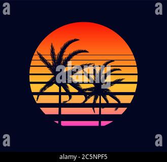 Retro sunset yellow red. Rays evening setting sun two palm trees electronic synthwave against background. Stock Vector