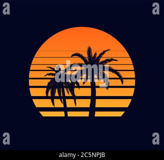 Retro sunset orange. Evening rays setting sun two palm trees against synthwave background. Stock Vector