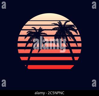 Retro sunset red white. Abstract two palm trees against fantastic electronic background. Stock Vector