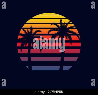 Retro sunset red purple. Two palm trees against background of an abstract setting sun in strip electronic synthwave. Stock Vector
