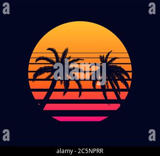 Retro sunset orange pink. Evening rays setting sun two palm trees against background. Stock Vector