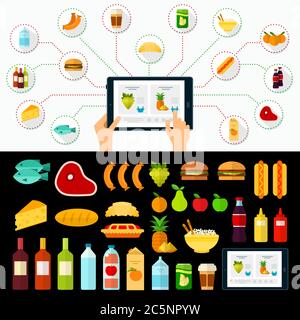 Selection and Ordering food at home via mobile application vector set illustration. Stock Vector