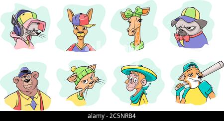 Cartoon animal faces set. Stylish bear in hat smiling monkey Mexican sombrero sly fox with baseball bat glamorous giraffe. Stock Vector