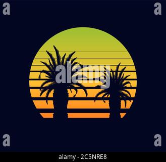 Sunset retro yellow green. Fantastic two palm trees against abstract background. Stock Vector