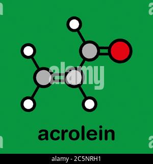 Acrolein (propenal) molecule. Toxic molecule that is formed when fat or oil is heated and is present in e.g. french fries. Stylized skeletal formula (chemical structure): Atoms are shown as color-coded circles: hydrogen (white), carbon (grey), oxygen (red). Stock Photo
