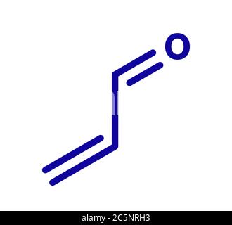 Acrolein (propenal) molecule. Toxic molecule that is formed when fat or oil is heated and is present in e.g. french fries. Skeletal formula. Stock Photo