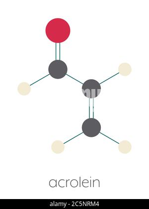 Acrolein (propenal) molecule. Toxic molecule that is formed when fat or oil is heated and is present in e.g. french fries. Stylized skeletal formula (chemical structure): Atoms are shown as color-coded circles: hydrogen (beige), carbon (grey), oxygen (red). Stock Photo